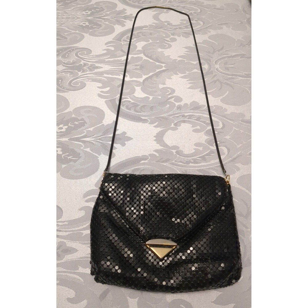 Sparkly Vintage 80s Purse Black Sequin Aluminum Mesh Shoulder Strap Bag Glam‎